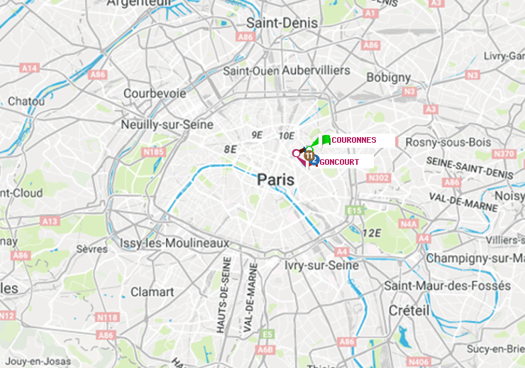 plan itinéraire ratp de Couronnes à Goncourt (Hôpital Saint-Louis)