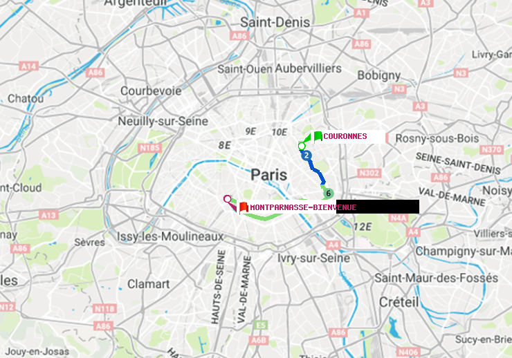 plan itinéraire ratp de Couronnes à Montparnasse-Bienvenue