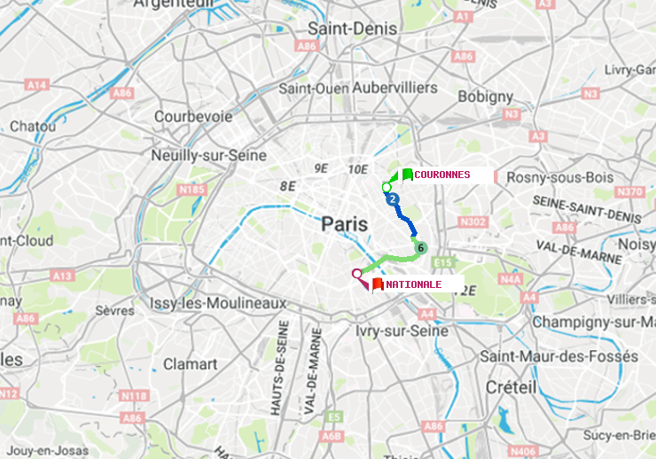 plan itinéraire ratp de Couronnes à Nationale