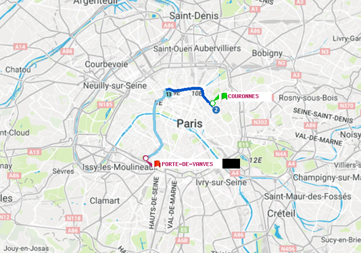 plan itinéraire ratp de Couronnes à Porte de Vanves