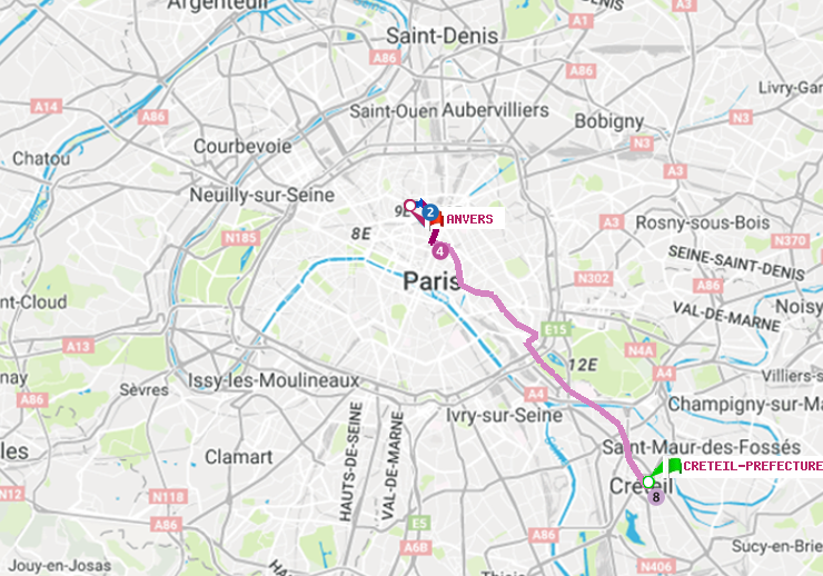 plan itinéraire ratp de Créteil-Préfecture (Hôtel de Ville) à Anvers