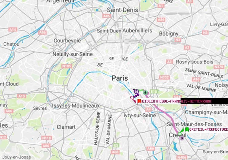 plan itinéraire ratp de Créteil-Préfecture (Hôtel de Ville) à Bibliotheque-Francois Mitterrand