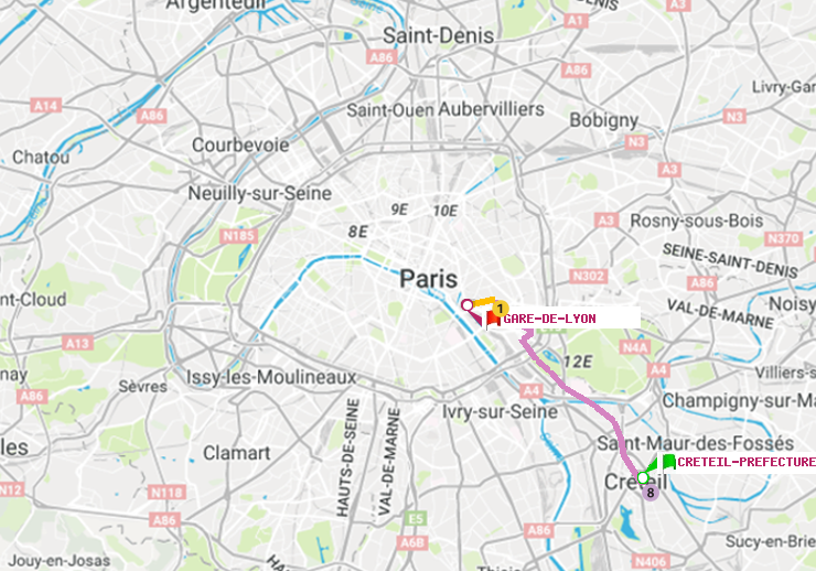plan itinéraire ratp de Créteil-Préfecture (Hôtel de Ville) à Gare de Lyon