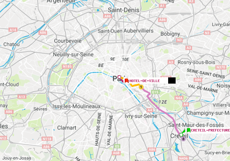 plan itinéraire ratp de Créteil-Préfecture (Hôtel de Ville) à Hôtel de Ville