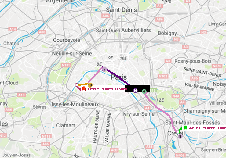 plan itinéraire ratp de Créteil-Préfecture (Hôtel de Ville) à Javel-André-Citroen