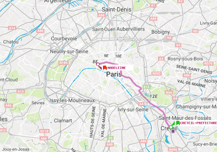 plan itinéraire ratp de Créteil-Préfecture (Hôtel de Ville) à Madeleine