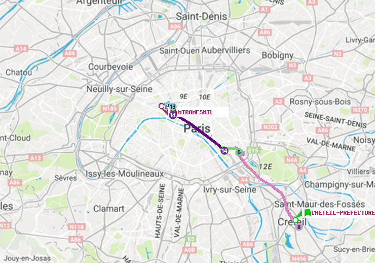 plan itinéraire ratp de Créteil-Préfecture (Hôtel de Ville) à Miromesnil