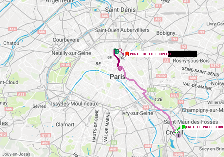 plan itinéraire ratp de Créteil-Préfecture (Hôtel de Ville) à Porte de la Chapelle