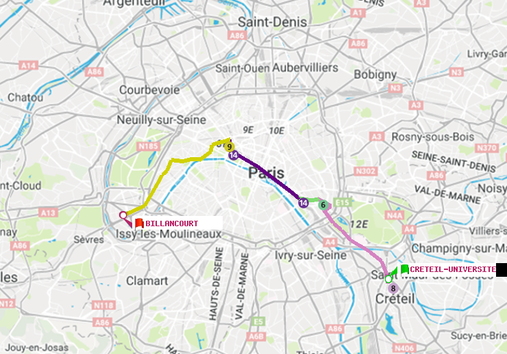 plan itinéraire ratp de Créteil-Université à Billancourt