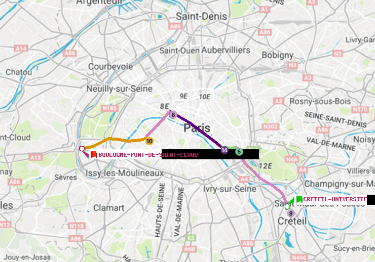 plan itinéraire ratp de Créteil-Université à Boulogne Pont de Saint-Cloud