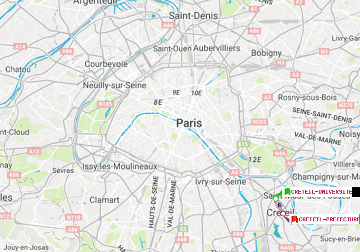 plan itinéraire ratp de Créteil-Université à Créteil-Préfecture (Hôtel de Ville)