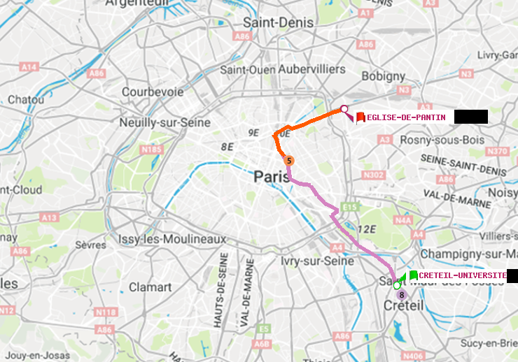 plan itinéraire ratp de Créteil-Université à Eglise de Pantin