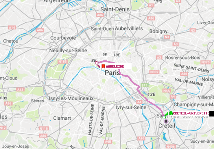 plan itinéraire ratp de Créteil-Université à Madeleine