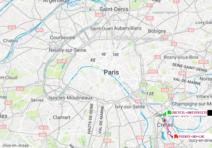 plan itinéraire ratp de Créteil-Université à Pointe du Lac