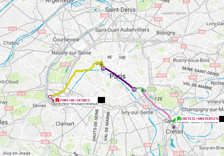 plan itinéraire ratp de Créteil-Université à Pont de Sèvres