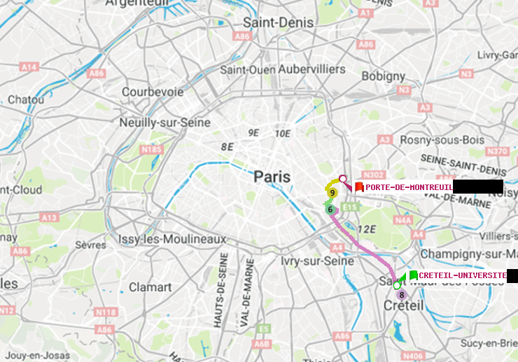 plan itinéraire ratp de Créteil-Université à Porte de Montreuil