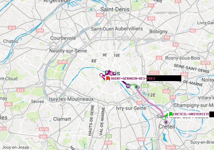 plan itinéraire ratp de Créteil-Université à Saint-Germain des Prés