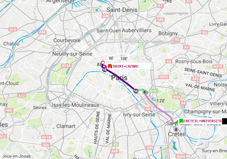 plan itinéraire ratp de Créteil-Université à Saint-Lazare