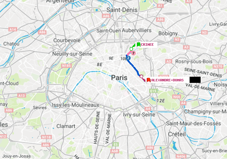 plan itinéraire ratp de Crimée à Alexandre-Dumas