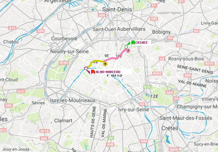 plan itinéraire ratp de Crimée à Alma-Marceau