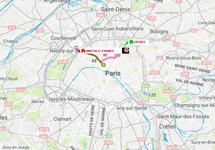plan itinéraire ratp de Crimée à Anatole-France