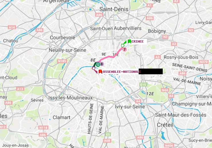 plan itinéraire ratp de Crimée à Assemblée Nationale