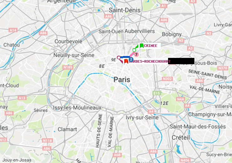 plan itinéraire ratp de Crimée à Barbès-Rochechouart