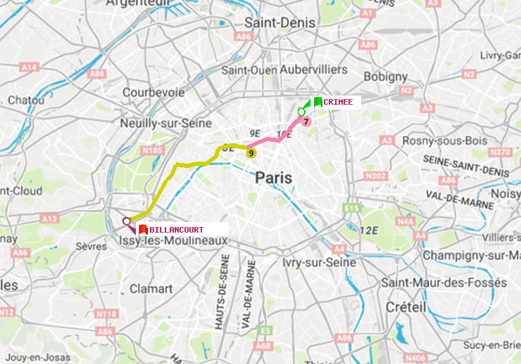 plan itinéraire ratp de Crimée à Billancourt