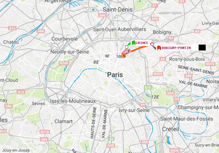 plan itinéraire ratp de Crimée à Bobigny-Pantin (Raymond Queneau)