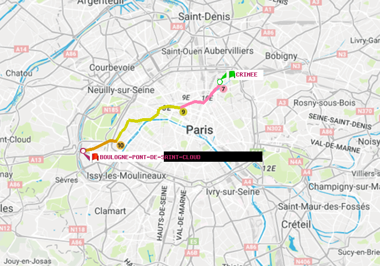 plan itinéraire ratp de Crimée à Boulogne Pont de Saint-Cloud
