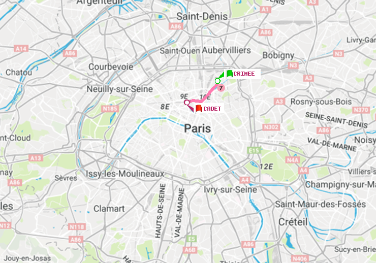 plan itinéraire ratp de Crimée à Cadet
