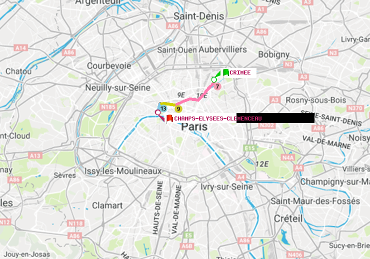 plan itinéraire ratp de Crimée à Champs-Elysées-Clémenceau