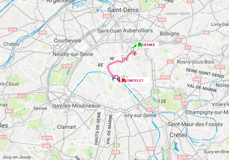 plan itinéraire ratp de Crimée à Châtelet
