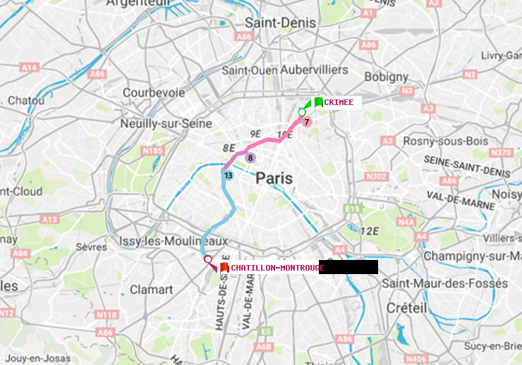 plan itinéraire ratp de Crimée à Châtillon Montrouge