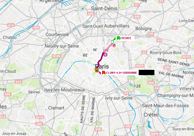 plan itinéraire ratp de Crimée à Cluny-La Sorbonne