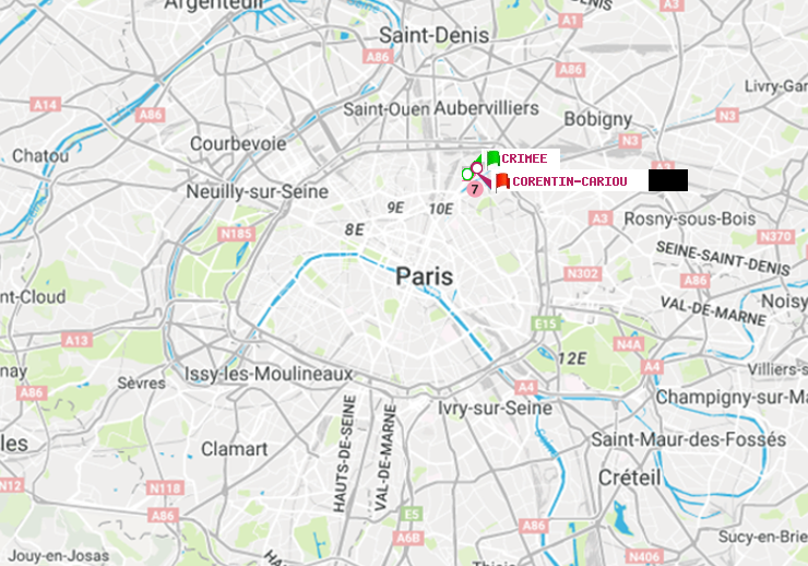 plan itinéraire ratp de Crimée à Corentin-Cariou