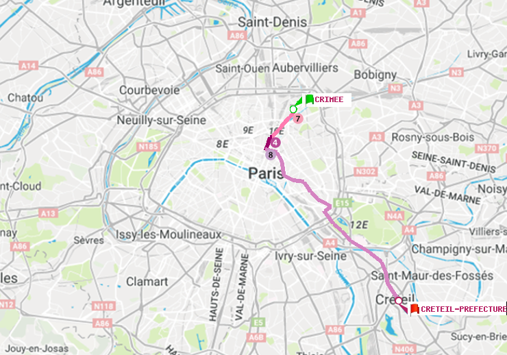 plan itinéraire ratp de Crimée à Créteil-Préfecture (Hôtel de Ville)