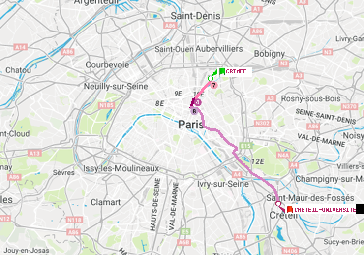 plan itinéraire ratp de Crimée à Créteil-Université
