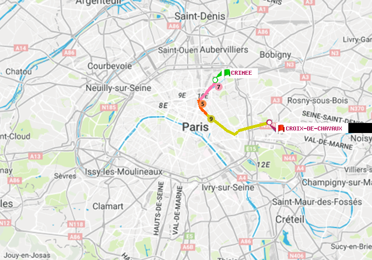 plan itinéraire ratp de Crimée à Croix-de-Chavaux (Jacques Duclos)