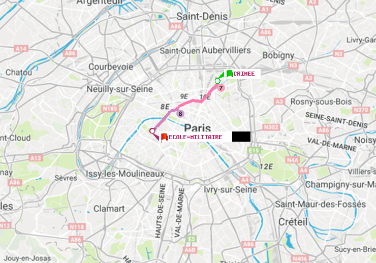 plan itinéraire ratp de Crimée à Ecole Militaire