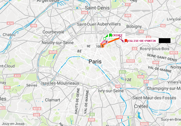 plan itinéraire ratp de Crimée à Eglise de Pantin