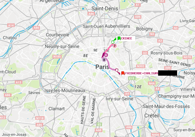 plan itinéraire ratp de Crimée à Faidherbe-Chaligny