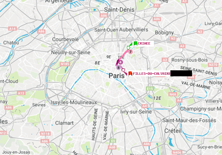 plan itinéraire ratp de Crimée à Filles du Calvaire
