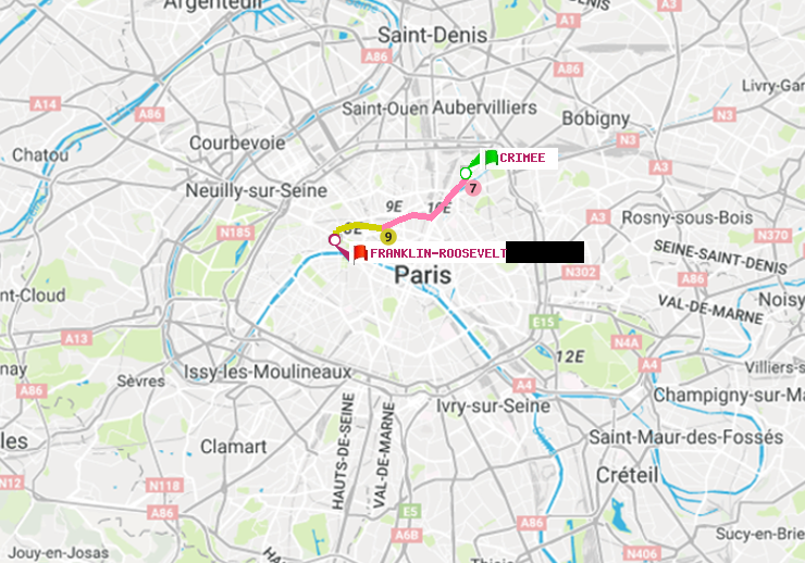 plan itinéraire ratp de Crimée à Franklin-Roosevelt