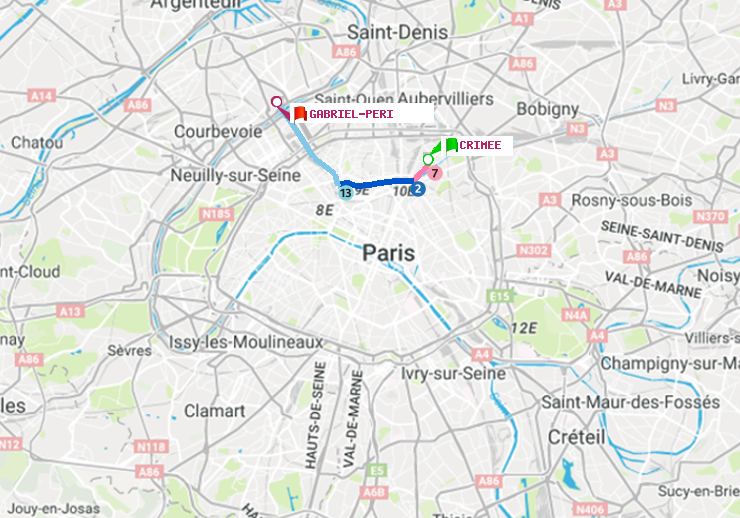 plan itinéraire ratp de Crimée à Gabriel-Péri