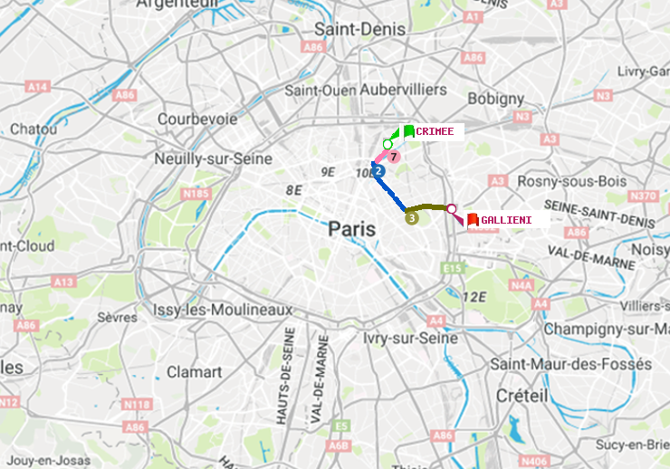 plan itinéraire ratp de Crimée à Gallieni (Parc de Bagnolet)