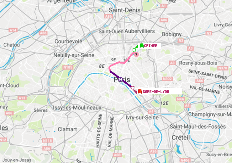 plan itinéraire ratp de Crimée à Gare de Lyon