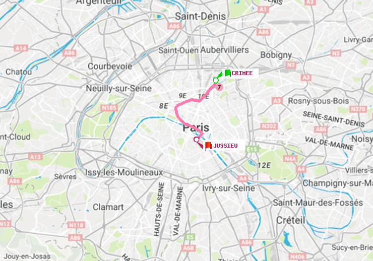 plan itinéraire ratp de Crimée à Jussieu