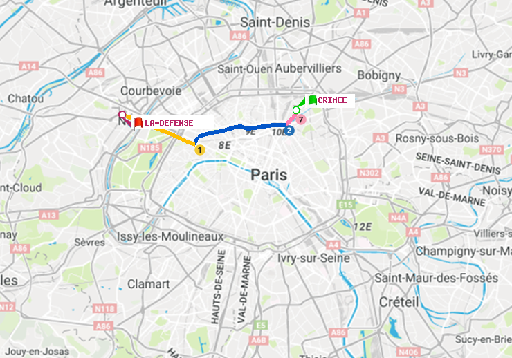 plan itinéraire ratp de Crimée à La Défense (Grande Arche)