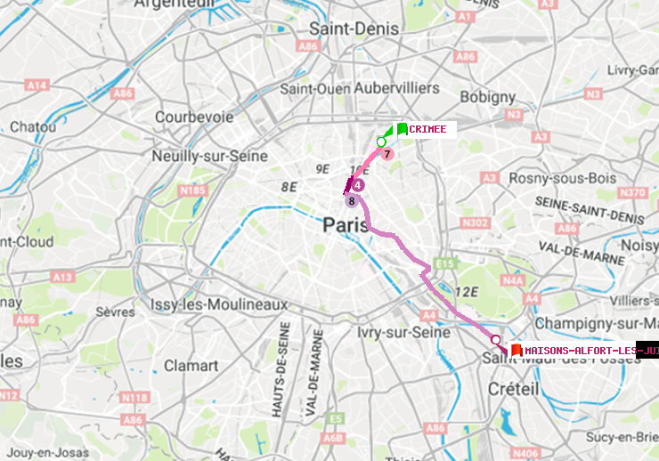 plan itinéraire ratp de Crimée à Maisons-Alfort-Les Juilliottes